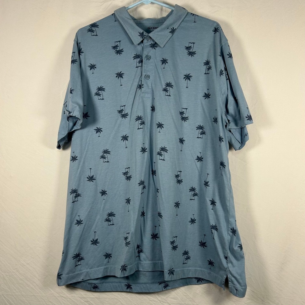 Old Navy Polo Shirt Mens XXL Blue Palm Tree Print Short Sleeve Jersey